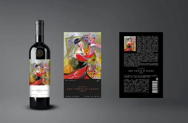 Œuvre d'art Dyani sur étiquette de vin