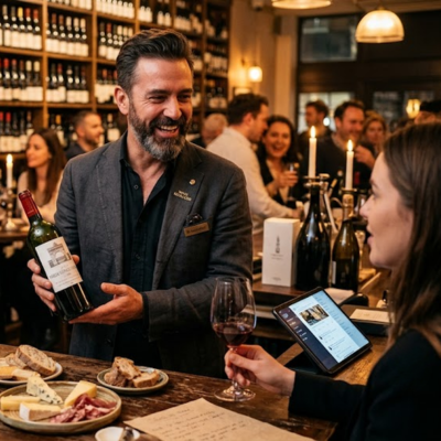 A passionate wine bar manager showcasing bottles and chatting with customers during a casual tasting
