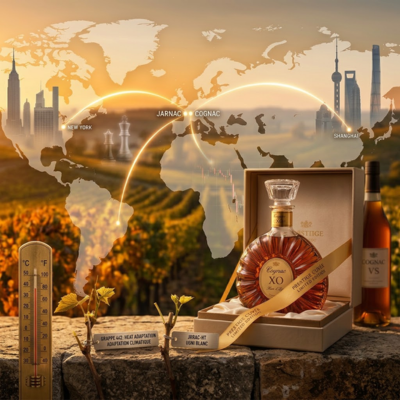 A panoramic view of lush vineyards in France at sunset, showing a farmhouse in the distance and neatly aligned rows of vines. In the foreground, wooden barrels are placed next to a wooden table bearing glass wine bottles and decanters. An antique-style world map featuring a gilded globe is connected to Asia by arched, luminous lines.