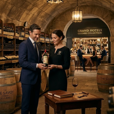 Cave à vin historique d'un grand hôtel de luxe avec sommeliers sélectionnant un grand cru d'exception