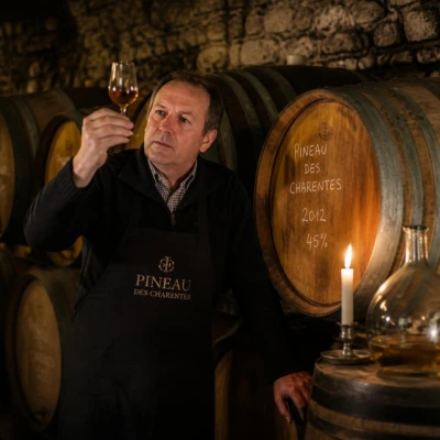 Bouteille élégante de Pineau des Charentes ambré avec étiquette AOC, accompagnée d’un verre de liqueur dorée, de grappes de raisins frais et de fûts de Cognac dans une cave traditionnelle charentaise, lumière chaude et atmosphère raffinée