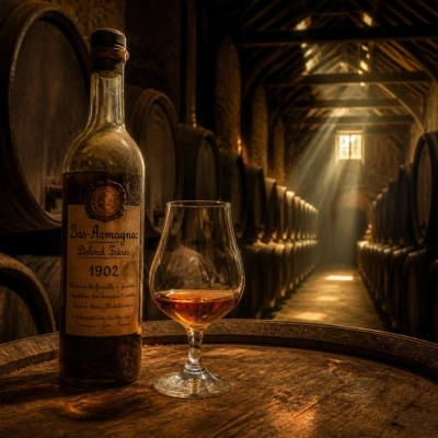 Oak barrels in an Armagnac cellar, with an amber-colored glass and a bottle of vintage Armagnac
