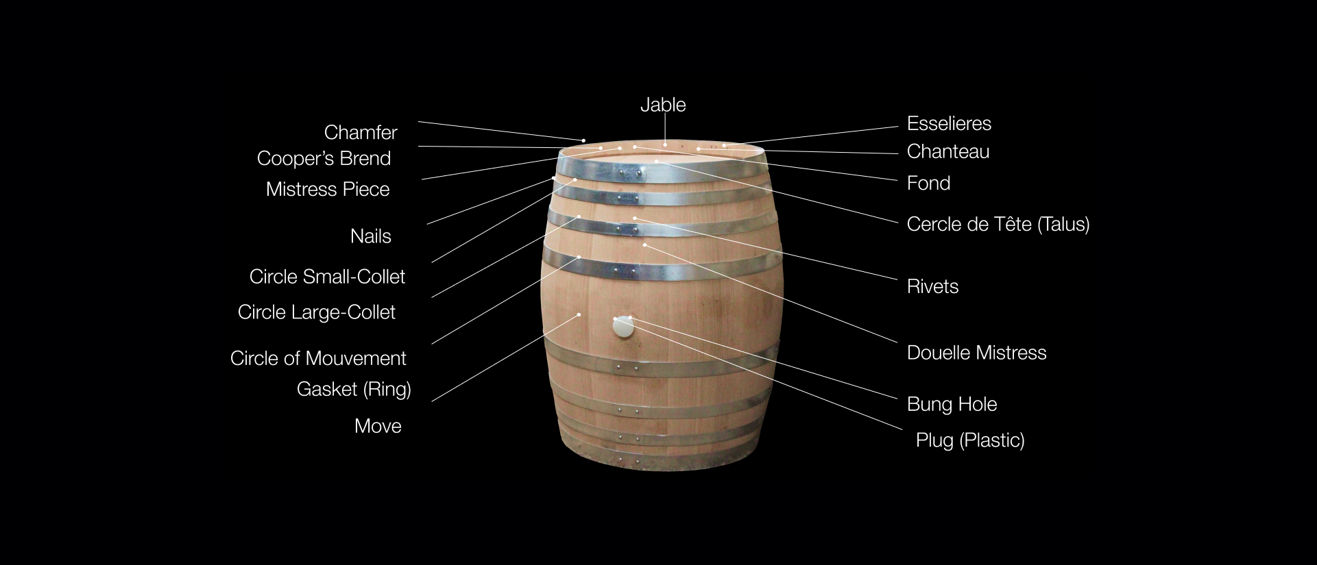 Diagram of a wooden barrel with the different parts labelled: chamfer, cooper's brand, mistress piece, nails, small-collet, large-collet, circle of movement, gasket, move, jable, esselieres, chanteau, bottom, head circle, rivets, mistress stave, bung hole and plastic plug.