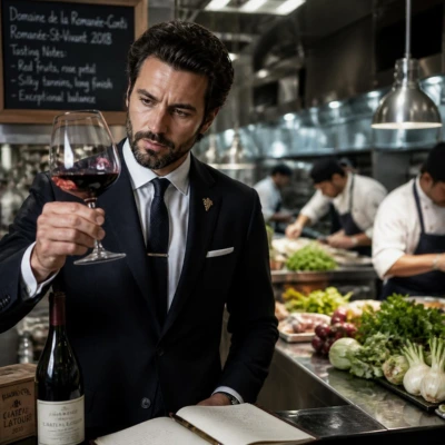 Chef sommelier et acheteur de vins dégustant une cuvée dans une cave de restaurant gastronomique
