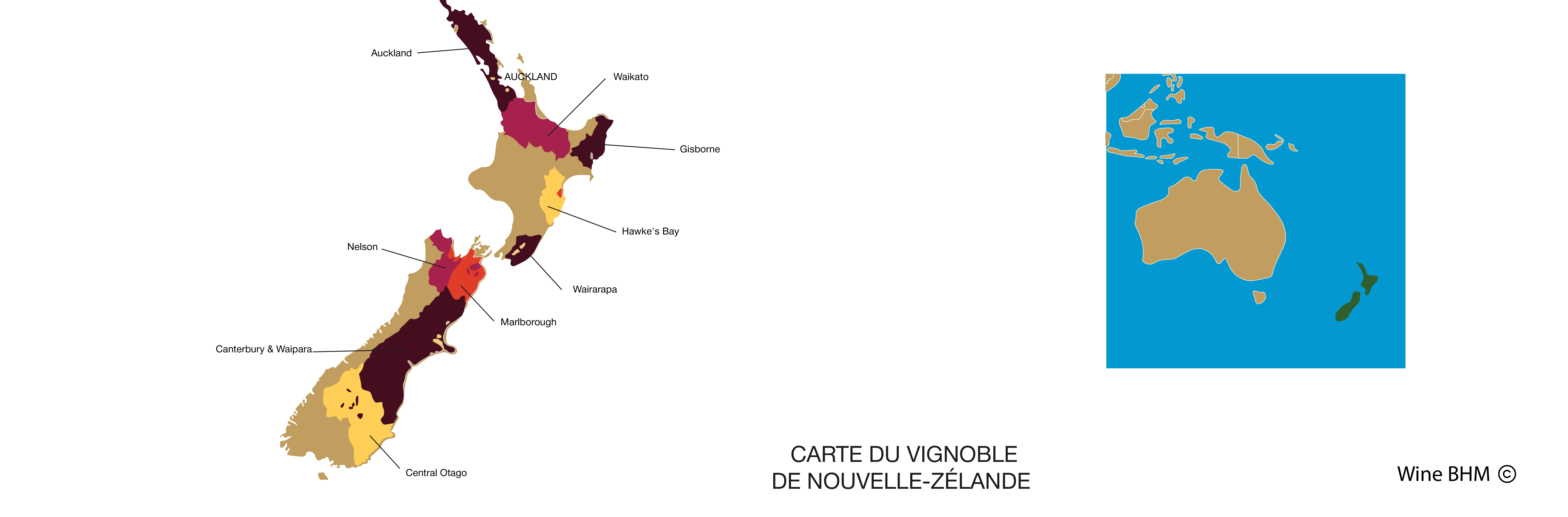 carte du vignoble de Nouvelle-Zélande