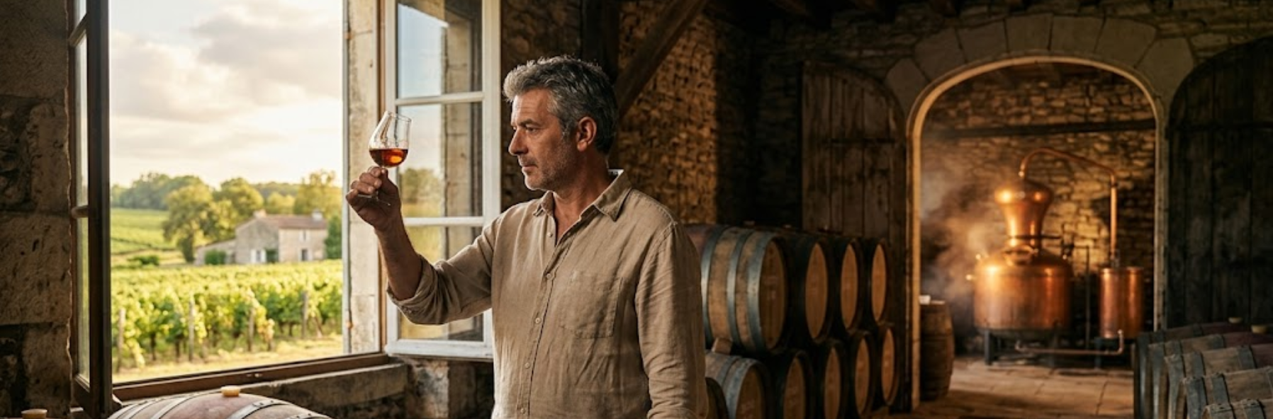 A Cognac producer in a traditional Charente cellar examining a glass of amber-coloured brandy, with Charente copper stills and Limousin oak casks in the background