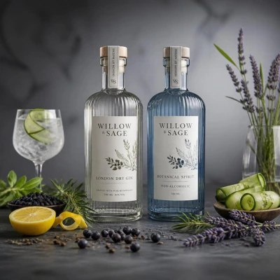Infographie présentant les chiffres clés et statistiques du marché mondial du gin avec une bouteille de gin artisanal, un verre gin tonic et des botaniques