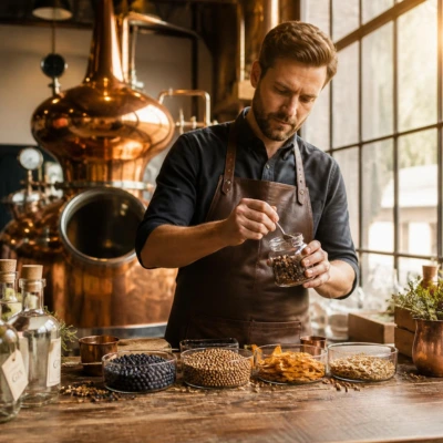 Artisan distillateur de gin sélectionnant des botaniques dans des bols en verre devant un alambic en cuivre poli dans une distillerie artisanale baignée de lumière dorée