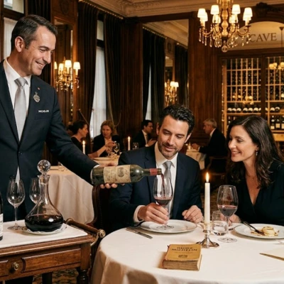 Un sommelier sert un grand cru à une table de restaurant gastronomique parisien, à côté d'un guéridon de bouteilles prestigieuses et d'un Guide Michelin