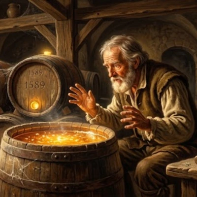 Scène historique de 1589 : un vigneron charentais verse accidentellement du moût de raisin frais dans un fût de Cognac dans une cave traditionnelle, lumière chaude de bougies, atmosphère légendaire et ambrée