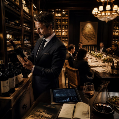 Acheteur vins et spiritueux dans un palace hôtelier analysant des bouteilles de grand cru dans une cave à vin luxueuse, entouré de verres de dégustation et de notes de sélection