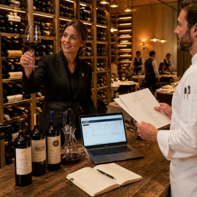Une sommelière dégustant un verre de vin tout en discutant des accords mets-vins avec un chef cuisinier dans une cave de restaurant gastronomique