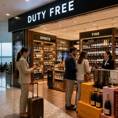 Boutique duty-free de luxe dans un a&eacute;roport international pr&eacute;sentant des vins, champagnes et spiritueux haut de gamme