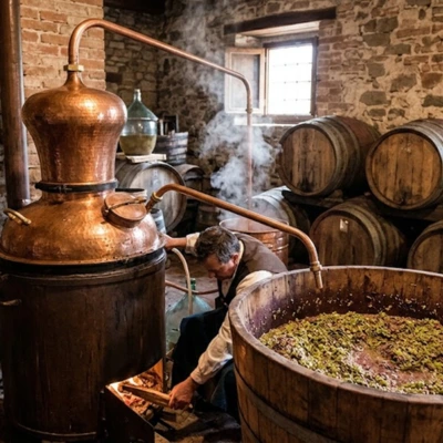 Distillation artisanale de Grappa italienne dans un alambic en cuivre traditionnel entouré de fûts en bois
