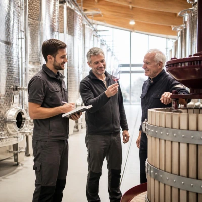 Fonctionnement et équipements d'une cave coopérative viticole avec vignerons et cuves en inox