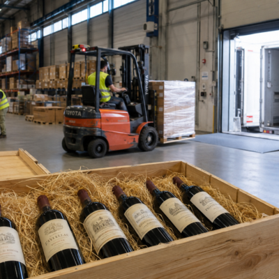 Pr&eacute;paration d'un coffret de grand cru dans un entrep&ocirc;t vinicole avec un cariste d&eacute;pla&ccedil;ant une palette vers le quai de chargement