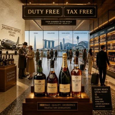 Interieur d'une boutique duty-free luxueuse dans un a&eacute;roport avec des voyageurs examinant des bouteilles de vins et spiritueux d'exception