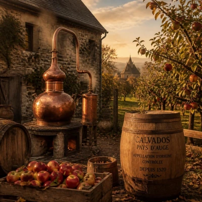 Illustration representing Normandy orchards, export markets, and AOC Calvados bottles