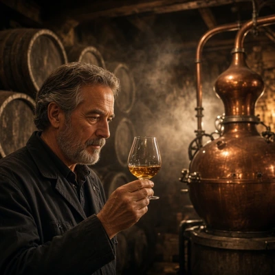 An amber brandy glass resting on a solid wood table, with solera ageing casks and a copper still in the background