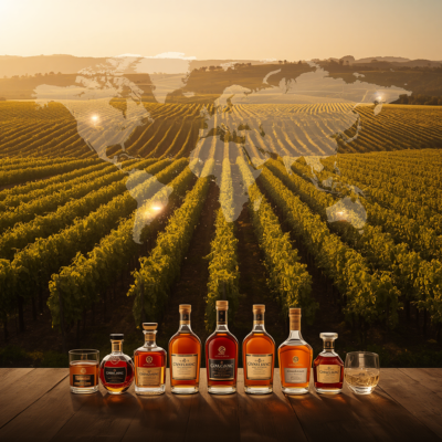 An illustration of the Cognac market: an exceptional XO decanter in the foreground, sun-drenched vineyards and a world map showing exports to New York and Shanghai.
