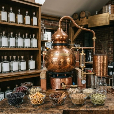 Alambic en cuivre et bols de botaniques pour la fabrication artisanale de gin