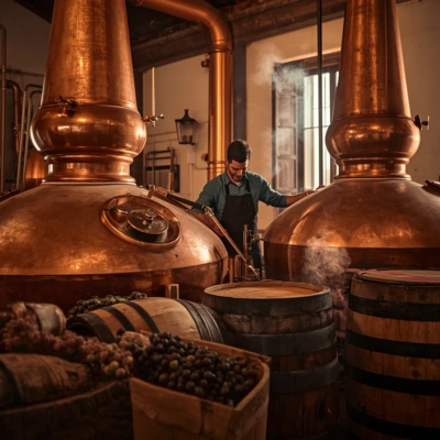 Alambics en cuivre et bouteilles de Grappa artisanale dans une distillerie traditionnelle italienne