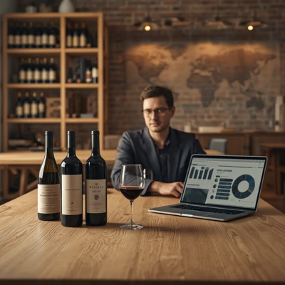 Un importateur de vin travaillant à son bureau avec un verre de vin, des bouteilles et un ordinateur affichant la logistique d'importation