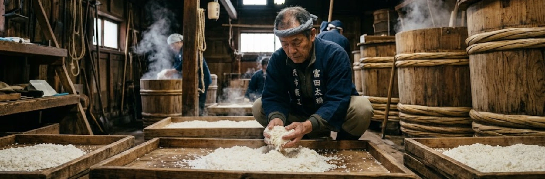 A master brewer (toji) inspecting fermented koji rice at a traditional sake brewery in Japan