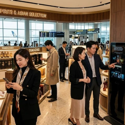 Voyageurs asiatiques dans une boutique duty-free luxueuse s&eacute;lectionnant des &eacute;ditions limit&eacute;es de champagne et spiritueux, avec bornes interactives, application de pr&eacute;-commande et exp&eacute;rience digitale immersive