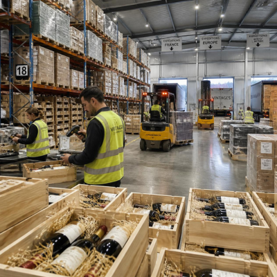 ue d'un entrep&ocirc;t vinicole _ caisses de vin sur paille au premier plan, pr&eacute;parateurs de commandes scannant des bouteilles et chariots &eacute;l&eacute;vateurs vers les quais d'exp&eacute;dition