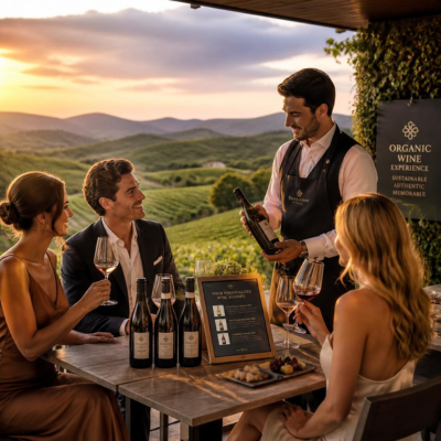 Terrasse d’hôtel de luxe surplombant un vignoble au coucher du soleil, dégustation de vins biologiques avec menu personnalisé numérique et sommelier, expérience oenotouristique durable