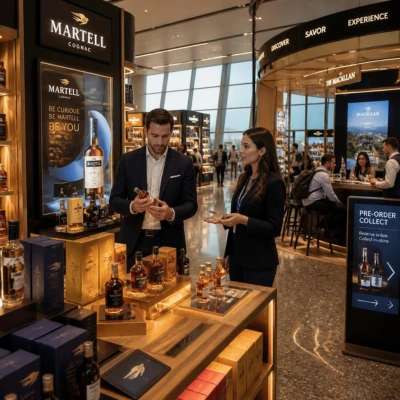 Acheteur vins et spiritueux duty-free s&eacute;lectionnant des bouteilles premium dans une boutique a&eacute;roportuaire luxueuse, avec pr&eacute;sentoirs t&ecirc;te de gondole, packaging voyage, d&eacute;gustation et bornes digitales