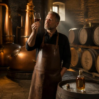 Producteur de whisky inspectant un verre de whisky ambr&eacute; dans une distillerie traditionnelle, avec alambics en cuivre et f&ucirc;ts de ch&ecirc;ne en arri&egrave;re-plan
