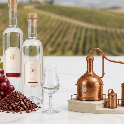 Infographie synthétisant la production de Grappa en Italie : alambic en cuivre, carte des régions productrices (Trentin, Frioul, Piémont) et statistiques d'exportation.