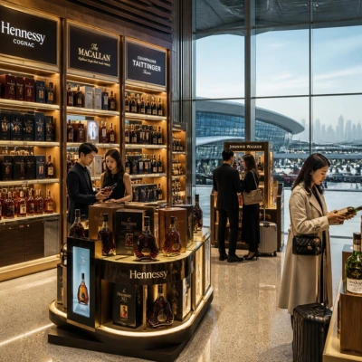 Boutique duty-free vins et spiritueux de luxe &agrave; l&rsquo;a&eacute;roport de Duba&iuml;, rayons premium remplis de bouteilles, voyageurs asiatiques et ambiance de march&eacute; mondial en forte croissance