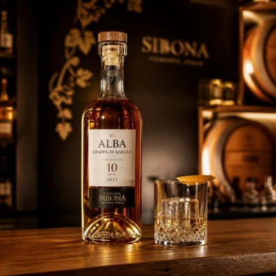 Bouteille de grappa italienne d'exception au design moderne et verre à cocktail sur un comptoir de bar élégant.