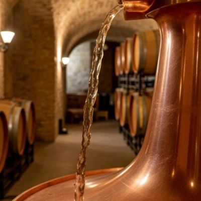 Continuous-flow copper still from the Armagnac region for the traditional distillation of Armagnac