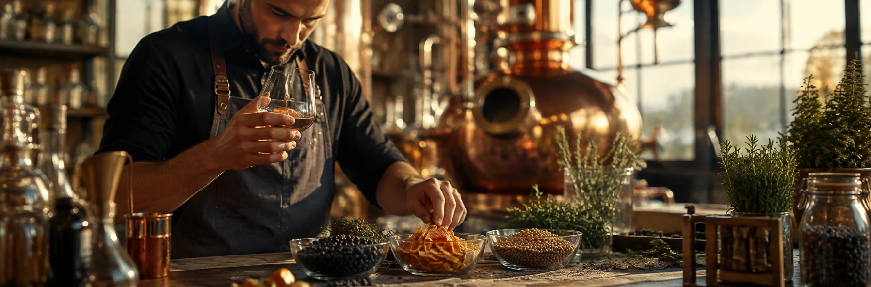 Artisan producteur de gin préparant des botaniques et baies de genièvre devant un alambic en cuivre dans une distillerie.