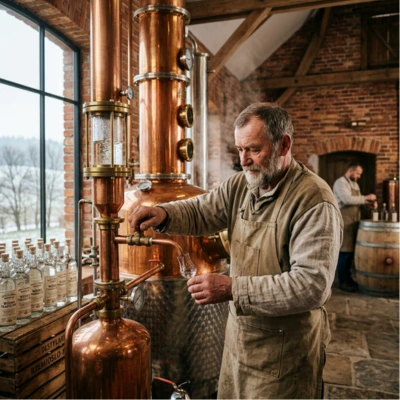 Bouteille de vodka haut de gamme givr&eacute;e sur une table en marbre, avec un alambic en cuivre et des champs de bl&eacute; en arri&egrave;re-plan