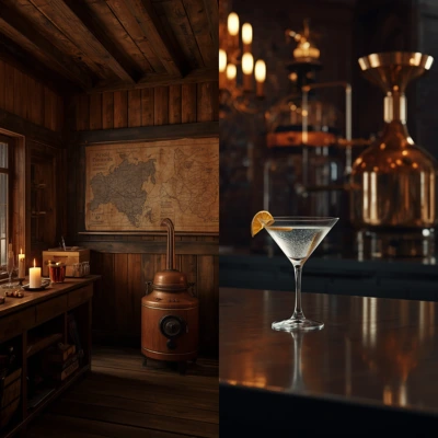 Illustration repr&eacute;sentant l'histoire de la vodka, montrant un alambic en cuivre traditionnel du XVIIIe si&egrave;cle &agrave; c&ocirc;t&eacute; d'un verre &agrave; cocktail moderne dans un bar &eacute;l&eacute;gant