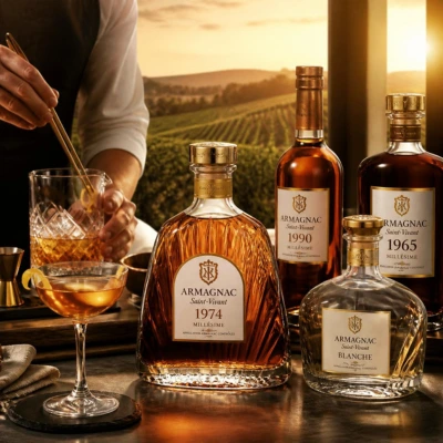 The Revival of Armagnac: a premium vintage bottle, an elegant cocktail glass, Blanche d’Armagnac, and a contemporary artisanal ambiance in shades of amber and gold