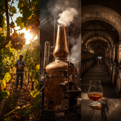 The Cognac production process: harvesting Ugni Blanc grapes, double distillation in Charente-style copper stills, and ageing in oak casks