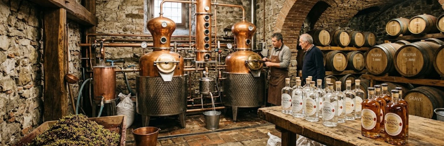 Producteur de Grappa dans une distillerie artisanale italienne entouré d'alambics en cuivre, de marcs de raisin et de bouteilles de spiritueux