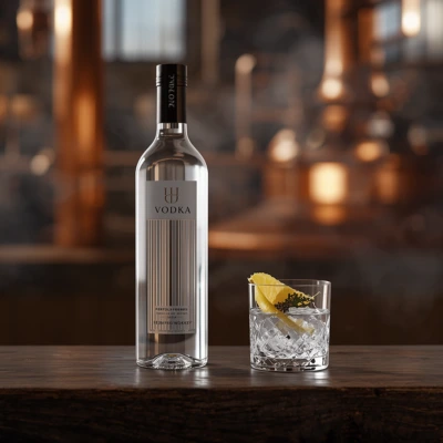 Vodka artisanale haut de gamme et ingr&eacute;dients pour cocktails sur un comptoir de bar
