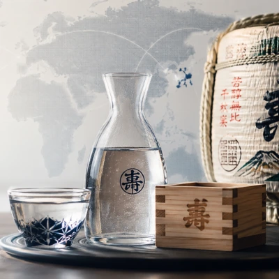 Composition autour du saké japonais avec carafe, coupe et tonneau, illustrant les chiffres clés et statistiques de la production au Japon