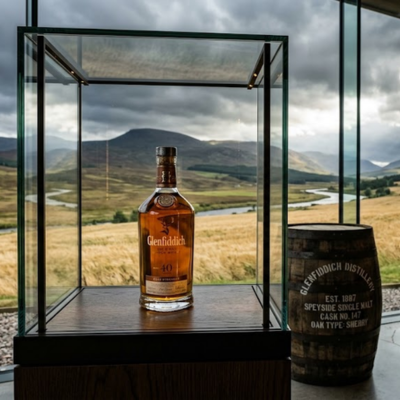 Bouteille de whisky single malt de collection et f&ucirc;t en ch&ecirc;ne devant une baie vitr&eacute;e donnant sur un champ d'orge