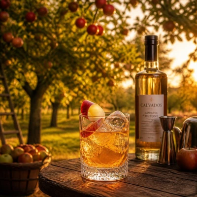 Calvados cocktail on a wooden table at sunset in a traditional high-stem apple orchard in Normandy