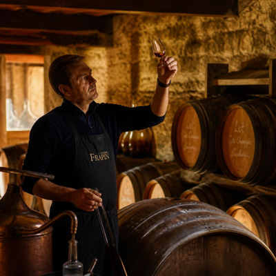 A master cellar master, dressed in a linen shirt, examines a glass of amber-coloured cognac in a traditional Charente cellar, surrounded by oak barrels and with a view of the vineyards and a copper still.