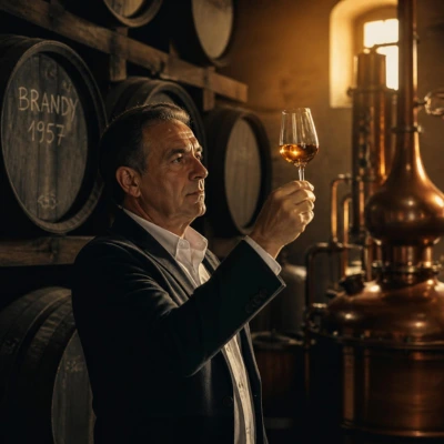 A cellar master inspecting a glass of amber-coloured brandy in a traditional ageing cellar, with oak casks and a still in the background.