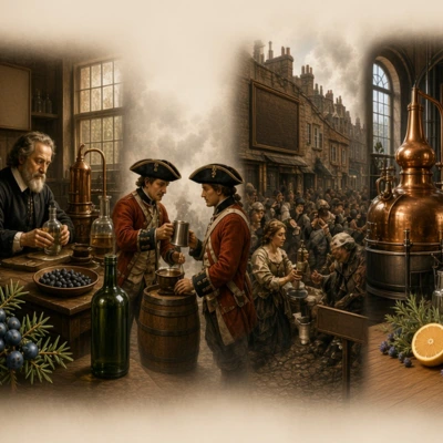 Fresque chronologique illustrant l'histoire du gin : du jenever en apothicairerie hollandaise au London Dry Gin et aux distillations craft modernes